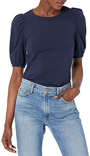 Amazon Essentials Women's Regular-Fit Puff Short-Sleeve Crewneck T-Shirt, Navy, L