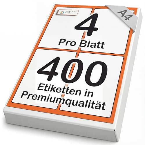The Paper Shop Selbstklebende Etiketten A4 Vierfachbogen - 4 pro Blatt Weiß (400 Etiketten) | Adressetiketten Bedruckbar 139 x 99,1 mm für Laser- und Tintenstrahldrucker | Versand Paket FBA