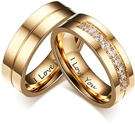 AMDXD Verlobungsringe Paar, 6MM Ringe Damen Set mit Zirkonia Trauringe, Gold, Damen 57 (18.1) & Herren 60 (19.1)