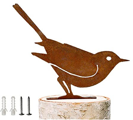 Brauner Sperling, Garten Deko Rostiges Vögel, Gartenstecker Rost Deko Vogel mit Schraube zum Rostdeko Garten Eindrehen in Holz, Edelrost Gartendeko Vintage, Metall Vögel Gartendeko