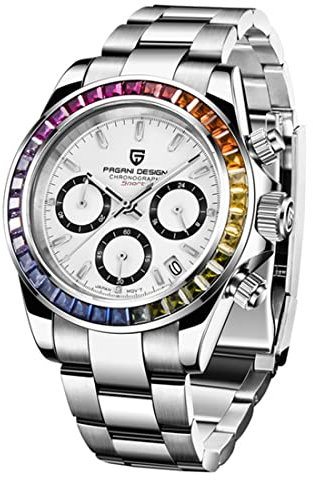 RollsTimi Pagani DesignHerren-Multifunktions-Sportuhr Quarz-Chronograph Uhrwerk Japan VK63 Edelstahlarmband Wasserdicht 100M (Kristall-1664)