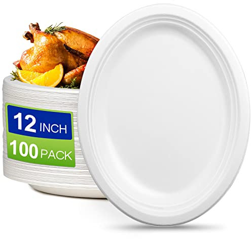 EcoAvance Oval Eco Friendly Disposable Plates - Large Heavy Duty Paper Plates 12 inch, Bulk Pack for BBQ, Party, Picnic