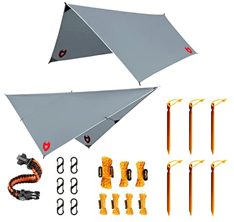 Rain Fly by NoCry 3 x 3 m ultraleichte Zeltplane, 100% wasserfest, toll als Backpacking Plane oder Tarp für Hängematte, in Mehreren Farben erhältlich, inkl. Survival-Armband - Grau