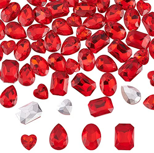 FINGERINSPIRE 64 Stück 4 Formen Strasssteine mit Spitzer Rückseite 18 mm Glas Strasssteine Rot Rechteck/Tropfen/Herz/Ovale Kristalle Steine mit versilberter Rückseite für Schmuckherstellung