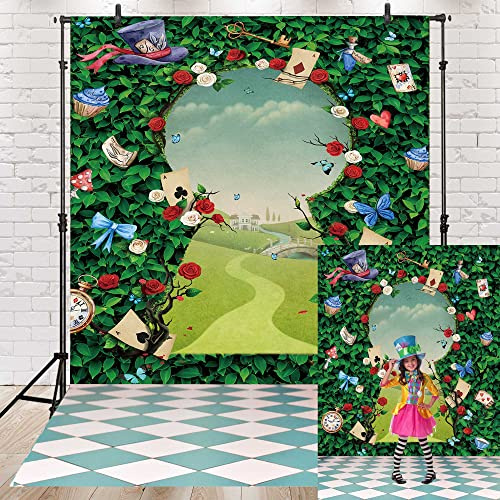 Wonderland Tea Party Backdrop Green Leaves Rose Wonderland Photography Background Magic Hat Checkerboard Decor Girls Kid Birthday Booth Prop (5X7FT)