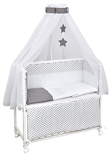 Baby Delux Beistellbett Babybett Stubenwagen weiß 90x40 mobil mit Rädern inkl. Matratze und Bettwäsche Set mehrteilig (Grey Stars)