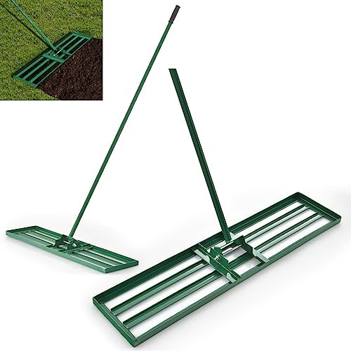 GiantexUK Lawn Leveling Rake 30”/36”/42”/46” x 10”, Powder Coated Steel Lawn Leveller with 77” Long Handle, Soil Leveling Tool for Garden Grass Golf Field Ground (42” x 10”, Green)