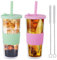 2 Stück 730ML Bubble Tea Becher mit Strohhalm und Deckel, Doppelwandig Isoliert Plastikbecher, Transparente Bubble Tea Tumbler, Wiederverwendbarer Auslaufsicher Smoothie Becher, Saftglas, Eiskaffee