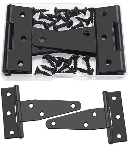 YIXISI 4 Pièces 75mm Charnières en T, Charnières de Porte de Grange Détachées, Porte Charnières Métallique avec 24 Vis, pour Portes, Fenêtres, Abris de Jardin, Clôtures Extérieures, Noir