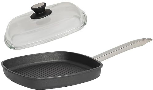 SKK flache 2-tlg. Guss Grillpfanne 26x26 cm - Induktion - viereckige Antihaft Steakpfanne mit gerippten Boden & Vollglas Deckel - Made in Germany