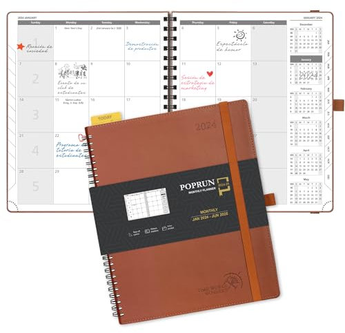 POPRUN Agenda 2024 2025 Mensual 26,5 x 21,5 cm, Agenda 2024 2025 Espiral 18 Meses de Ene.2024 - Jun.2025, Tapa Blanda, Cuero Vegano y Papel, Marrón (Versión Inglesa)