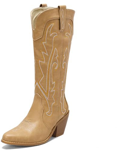 Roimaash Moda Embroidery Stivali Cowboy per donne Knee High Cowgirl Stivali Western Slip On Vintage Metà Stivaletti Yellow Plus Size 39