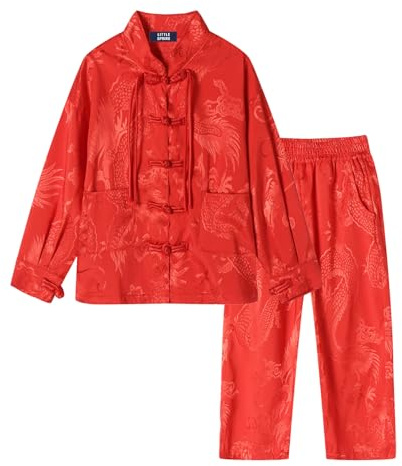 LittleSpring Size 7-8 Tang Suit for Boys Traditional Chinese Dragon Kung Fu Outfit Red