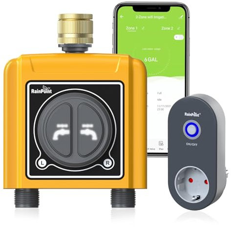 RAINPOINT Ordenador de riego WiFi de 2 Salidas con Entrada de latón, riego automático Inteligente, Control por aplicación y Voz, riego por Tiempo/cantidad/Humedad del Suelo/Control por Voz, para
