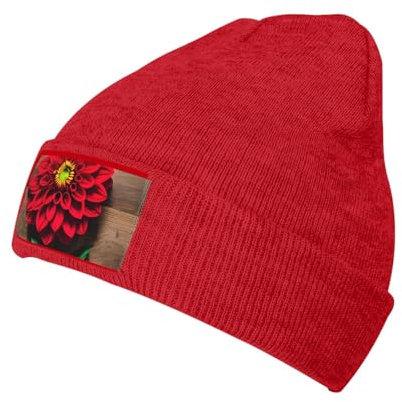Hochwertige Strickmütze mit Holzbrett, Retro-Blume, rote Dahlie, stilvolle Unisex-Mütze für den Winter, erleben Sie ultimative Wärme und Stil, Holzbrett Retro Blume Red Dahlia, Einheitsgröße
