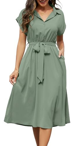 Cassiecy Sommerkleid Damen Knielang Kurzarm Blusenkleid Elegant V-Ausschnitt Midikleid Casual Wickelkleid Strandkleid mit Taschen(XXL,Grün)