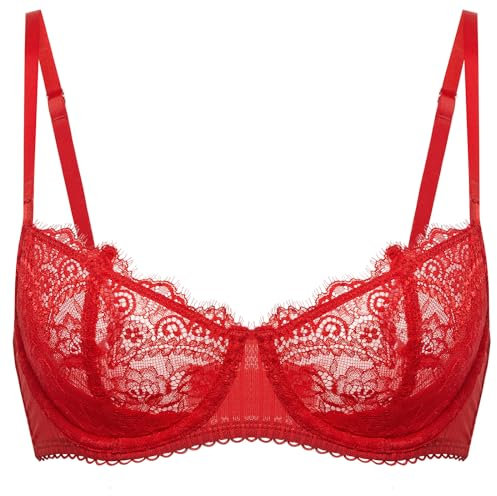 DOBREVA Women's Lace Balconette Bra Half Cup Non Padded Push Up Underwire Sheer Bras Lipstick Red 38DD