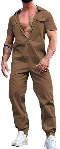 Generic Combinaison de peintre décontractée pour homme avec fermeture éclair et ceinture, café, M