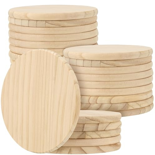 JOIKIT Lot de 24 Sous Verre Vierges en Bois Naturel Brut de 10 cm pour Bricolage, Peinture, Artisanat