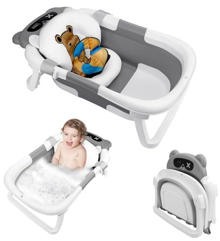 Bañera Bebe Plegable, Bañera Bebe con Termómetro, Bañera Bebé con Cojín y Patas Plegables, adecuada para recién nacidos y niños pequeños, ahorra espacio