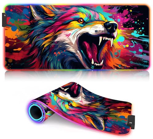Tapis de Clavier et de Souris Vibrant Wolf LED Mouse Mat - Tapis de Bureau ROG Tapis de Souris de Jeu Extra Large (60x35x0,3) cm adapté aux Souris optiques et Laser
