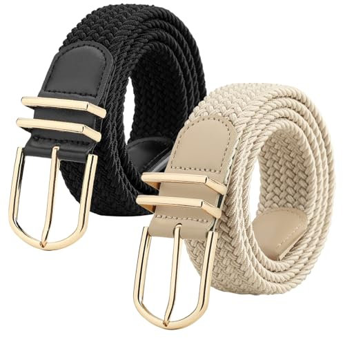 WERFORU Unisex Geflochtener Elastischer Gürtel 2 Stücke Stretch Gürtel für Männer und Frauen Verstellbarer Stoffgürtel für Jeans und Hosen Schwarz+Khaki