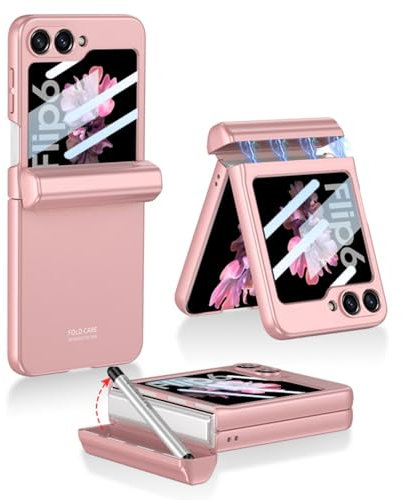 COQUE Galaxy Z Flip 6 avec Stylet et Fente, Film Protecteur Intégré et Charnière Pliable, Étui de Protection pour Samsung Galaxy Z Flip 6 5G-Rose