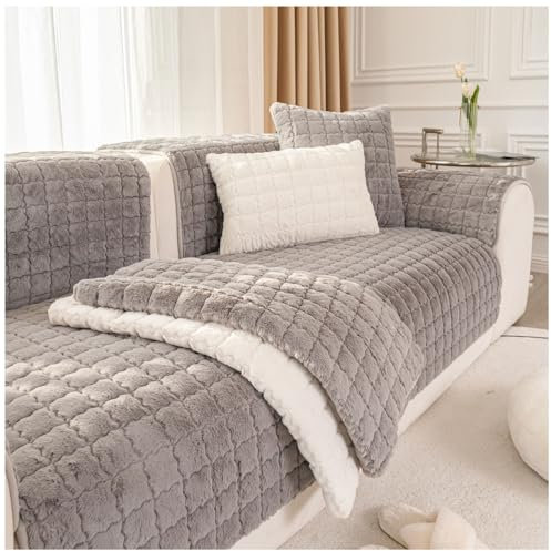 NUODWELL Kaninchen-Plüsch-Sofabezug, waschbar, rutschfest, weich, warm, Sofa-Schonbezug für Ecken, L-Form, 1-, 2-, 3-Sitzer, Dicker Möbelschutz für Kinder, Haustiere (Grau, 110 x 180 cm)