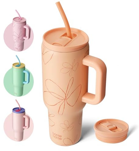 bottlebottle Tasse isotherme 1200 ml, Mug avec paille et poignée, Tasse avec paille sous vide en acier inoxydable pour cadeaux, fêtes, bureau, Café (Fleurs Jaune)