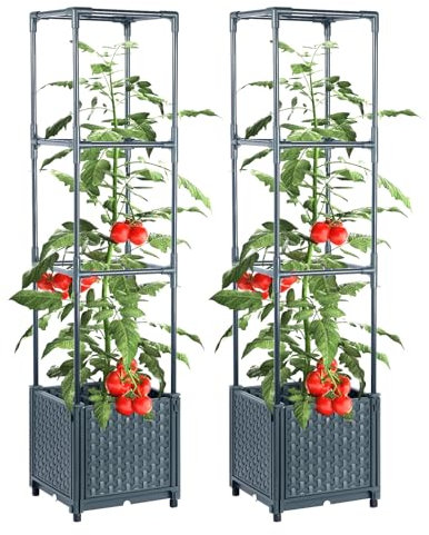 Sekcen Tomaten-Pflanzkasten mit Rankgitter, Hochbeet, Pflanzkasten, selbstbewässernd, Gurken-Pflanzgefäß, Terrasse, 2 Stück