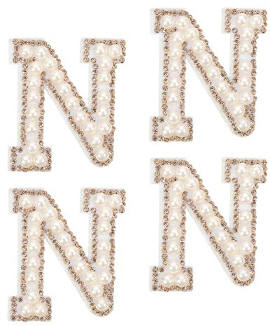 sourcing map 10Pcs Iron on Letters Patches, Letter N Rhinestone Pearl Alphabet Applique English Letter Sew on Patch for DIY Clothing Hat Bag, White Gold