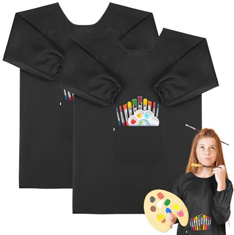 VZZNN 2 Stück Malkittel Kinder 8-12 jahre Malschürze Kinder Maleranzug Kinder Bastelschürze Kinder Schürze mit Ärmeln und Taschen für Malen Backen Kochen Basteln (Black)