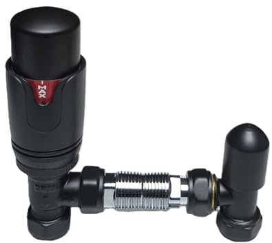 Matt Black Thermostatic Radiator Valves & Lockshield Angled 15mm x 1/2 Pack TCEM