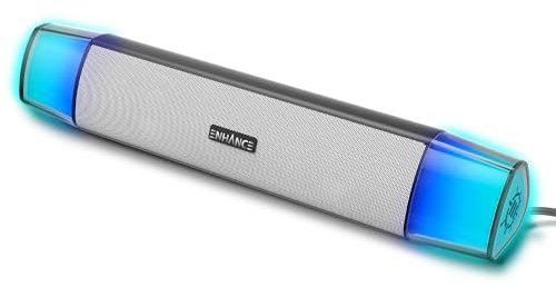 ENHANCE Theorem 3 White Computer Speakers, Sound Bar for PC - USB Powered, Under Monitor Sound Bar with 12W Peak, 5 Color Modes, In-Line Controller - Computer Speakers for Desktop PC