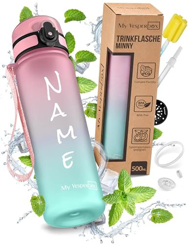 My Vesperbox – Minny - Kinder Trinkflasche - Personalisiert mit deinem Name – 500,750, 1000ml ink. Strohhalm oder Sieb - BPA frei - für Kindergarten, Schule, Sport, Freizeit(Rosa-Türkis 500ml)