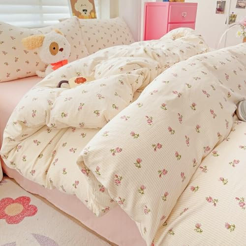 AShanlan Bettwäsche 135x200 Weiß Rosa Blumen Landhausstil Style Mädchen Bettbezug 2teilig Vintage Gestreift Aesthetic Renforce Oeko-tex Mikrofaser Bettwäsche-Sets und Kissenbezug 80x80 Reißverschluss