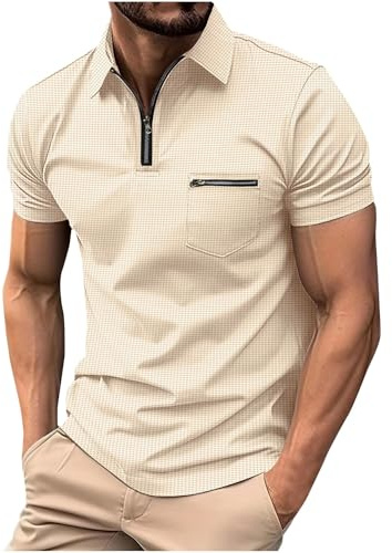 Mens Polos Shirts Short Sleeve UK Sale, Quarter Zip Golf Polos Shirts Slim Fit Solid Color Tennis T-Shirt Breathable Summer Casual Waffle Tee Tops Turn-Down Collar Pullover with Zipper Pocket