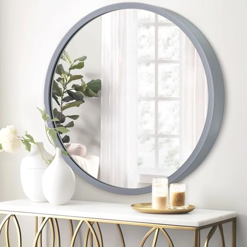 JJUUYOU Metal Round Wall Mirror Wood Frame HD Glass Mirror for Bathroom Circular Hanging Mirrors for decor Metal Frame Modern Mirrors for Living Room Decorative Makeup,Grey