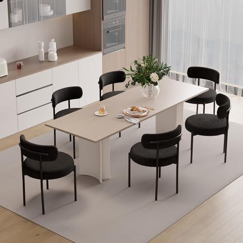 Hawthyhome Esszimmerstühle 6er Set丨Teddy Stoff Runde Boucle Stühle·Mid-Century gepolsterte Küchenstühle·Dining Chairs mit Metallbeinen·schwarz