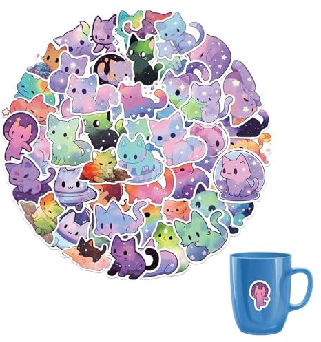 AONAYO 50 Blatt Kawaii Sticker Katzensticker,Cute Sticker Katzen Sticker,Wasserfest Und Kratzfest Ohne KlebstoffrüCkstäNde,Verwendbar FüR Computer,NotizbüCher,Koffer Etc Sticker Katzen