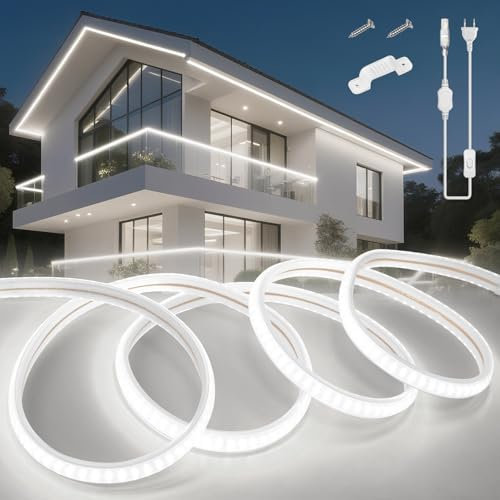KSIBNW LED Streifen Aussenbereich 20M, 230V Neon LED Strip Wasserdicht IP65 Schlauch Weiß 6000K Led Leiste Band Flexibel Outdoor 145LEDs/M Lichtleiste mit Netzteil und Stecker für Außen Innen Deko