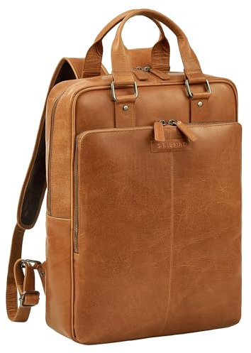 STILORD 'Ingo' Schmaler Laptop Rucksack Leder 15,6 Zoll Herren & Damen Backpack Vintage Business Rucksack Eleganter Reiserucksack Tagesrucksack Echtleder, Farbe:tropica - braun