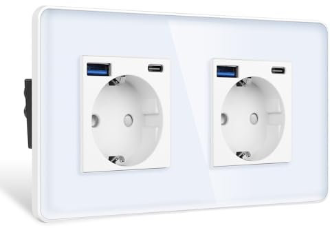 CNBINGO Double prise murale encastrée en verre avec port USB (type C et USB A) - Blanc - Avec cadre en verre
