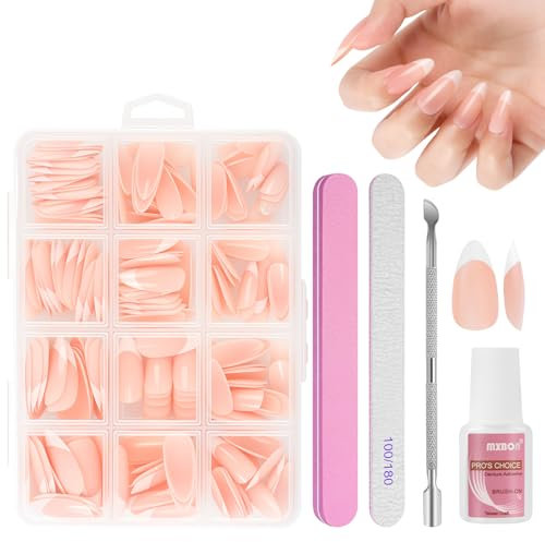 BUTBU Uñas Postizas Francesas Cortas, 240 Piezas Uñas Gota de Agua, 12 Tamaños Nail Kit de Tips Uñas Gel con Pegamento, con Empujador de Cutícula Lima Uñas, para Salones Uñas, Manicuras DIY