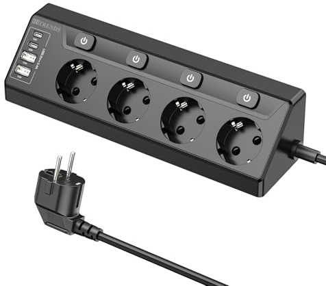 Ecksteckdose mit 4 Steckdosen & 2 USB-A + 2 USB-C - Steckdosenleiste mit 2m Kabel & Einzelschaltern - Für Schreibtisch, Ecken & Wände - Schwarz