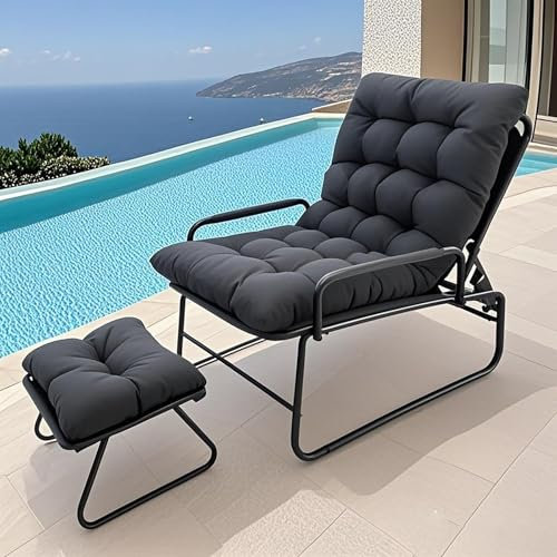 OVLRIJP Loungesessel Outdoor, Balkonsessel Liegestuhl Gartenliege, Relaxsessel Garten mit Hocker, Auflage Abnehmbar, 5-Positionen Liegefunktion, Relaxliege für Garten,Terrasse (Grau)
