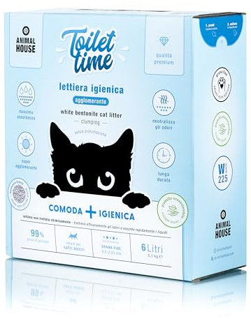 Animal House Toilet Time, 6L Lettiera di Bentonite Bianca per Gatti, Antistatica e Sicura, Ultra Assorbente, Agglomerante,Trattiene gli Odori 5,1 Kg (Bianca, 6L)
