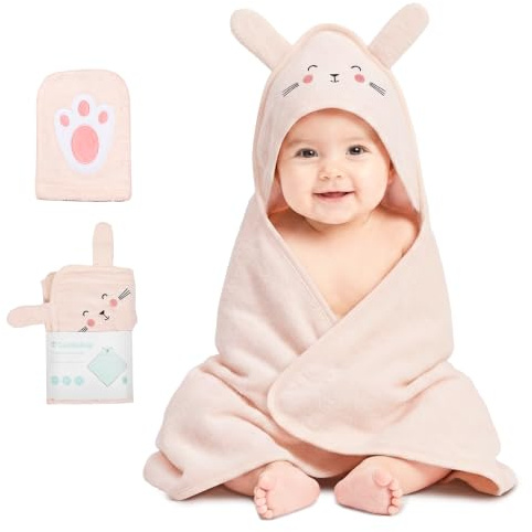 CuddleBug Kapuzenhandtuch & Waschlappen Baby, Baumwolle, Hase Rosa | Saugfähiger Frottee trocknet Kinder schnell, bleibt Wäsche für Wäsche weich, passend für Neugeborene bis Kleinkinder.
