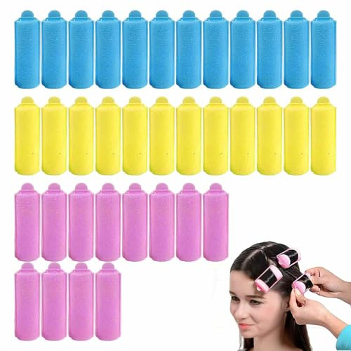 OZNXWRYY Lockenwickler Set 36 Stück – 12x Pink, 12x Blau, 12x Gelb – Perfekt für alle Haartypen – Weiche, Wiederverwendbare Wickler für lockige Frisuren ohne Haarnadeln – Praktisch für Reisen und All