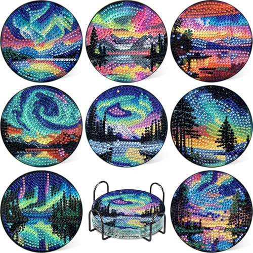 8 Stück Polarlicht Diamond Painting Untersetzer with Holder, Polarlicht Diamant Painting Untersetzer, 5D DIY Untersetzer Diamant Painting Bilder Aurora für Anfänger, Erwachsene & Kinder 10x10cm
